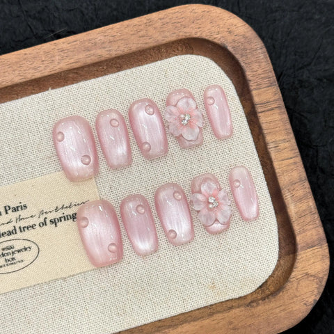 High Quality Pink Cat Eye Square Press on Nail Charms Handmade 3D Flower Gel Artificial Fingernails  Fake Nails