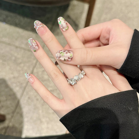 High Quality Handmade  Press on Nails Luxury 3D Hand-painting Flower Acrylic Thick Artificial Nails Set