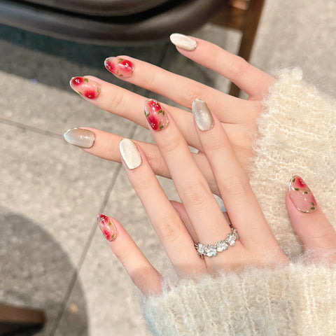 Press on Nails Set with Tool Pack Glitter Cat Eye Flower Nail Art for Summer