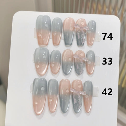 3D Bowknot Gel Nail Art 10pcs Press on Nails Handmade Acrylic Glitter Cat Eye Oval Coffin Nails