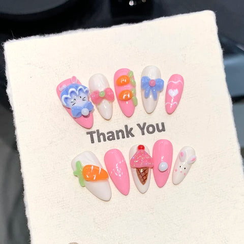 Luxury Handmade Press on Nails 3D Cute Almond Cartoon Gel Nails Thick Acrylic Full Cover Artificial Nails for Girls