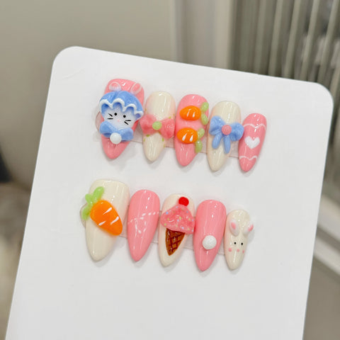 Luxury Handmade Press on Nails 3D Cute Almond Cartoon Gel Nails Thick Acrylic Full Cover Artificial Nails for Girls