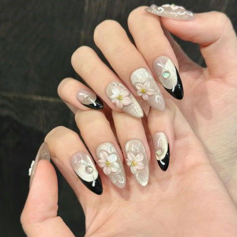 10pcs Handmade Acrylic Designer Press-on Nails 3D Flower Almond French Style Nail Art False Nails