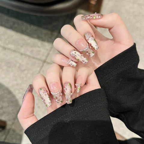 High Quality Handmade  Press on Nails Luxury 3D Hand-painting Flower Acrylic Thick Artificial Nails Set