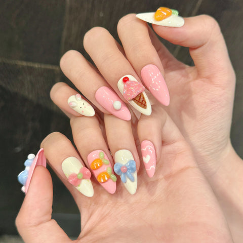 Luxury Handmade Press on Nails 3D Cute Almond Cartoon Gel Nails Thick Acrylic Full Cover Artificial Nails for Girls