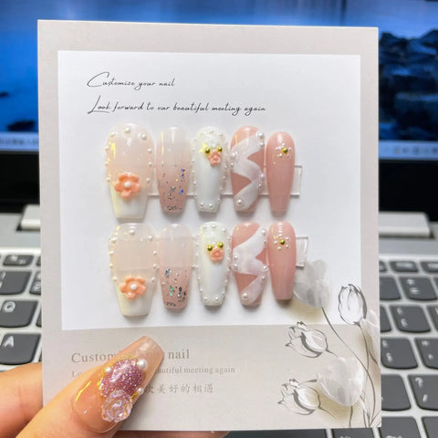 3D French Flower Pink Artificial Fingernails Full Cover Handmade False Nails  Press on Nails
