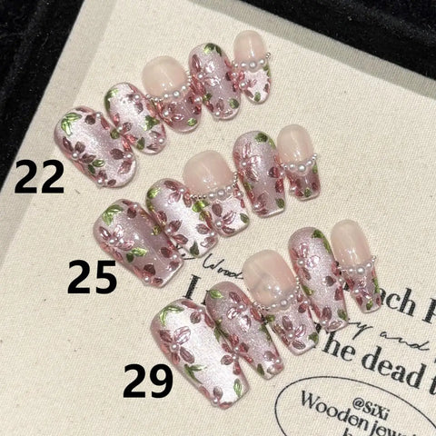 High Quality Handmade  Press on Nails Luxury 3D Hand-painting Flower Acrylic Thick Artificial Nails Set