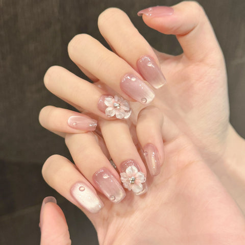 High Quality Pink Cat Eye Square Press on Nail Charms Handmade 3D Flower Gel Artificial Fingernails  Fake Nails