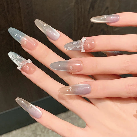 3D Bowknot Gel Nail Art 10pcs Press on Nails Handmade Acrylic Glitter Cat Eye Oval Coffin Nails