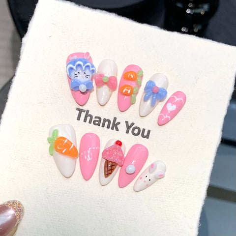 Luxury Handmade Press on Nails 3D Cute Almond Cartoon Gel Nails Thick Acrylic Full Cover Artificial Nails for Girls