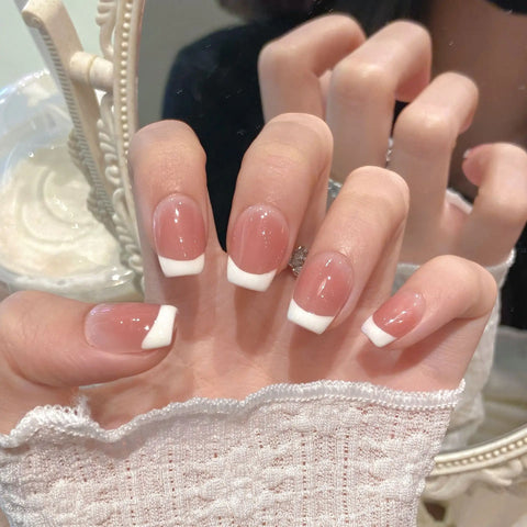 New False Nails Classic French Cream Powder French Simple Nude Short Pure Handmade Nails