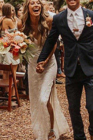 High Quality V-neck Spaghetti Straps Side Slit Lace Beach Wedding Dresses