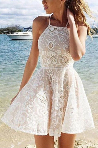 Simple  Halter A-line Short Straps Lace Homecoming Dresses With Pleats