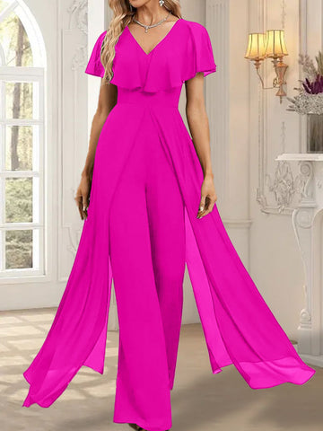 Jumpsuit/Hosenanzug V-Ausschnitt Bodenlanges Chiffon Abendkleid
