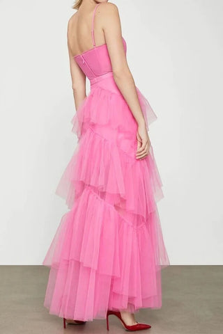 Hot Pink A-line Tiered Tulle Princess Prom Dresses, Long Formal Dresses