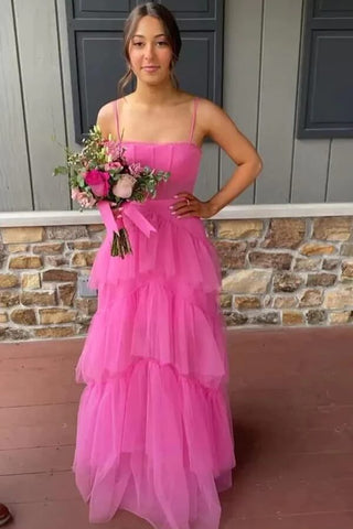 Hot Pink A-line Tiered Tulle Princess Prom Dresses, Long Formal Dresses