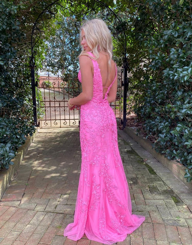 Hot Pink Mermaid Plunge V Neck Lace Prom Dress