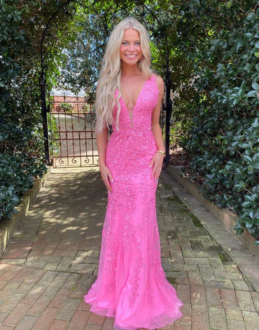 Hot Pink Mermaid Plunge V Neck Lace Prom Dress