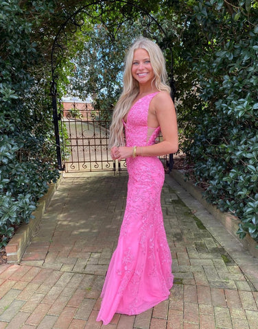 Hot Pink Mermaid Plunge V Neck Lace Prom Dress