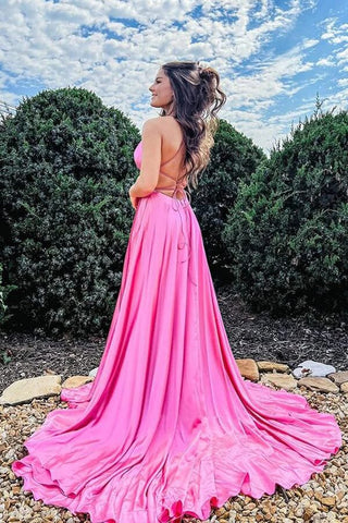 Satin A-Linie U-Ausschnitt Lange Ballkleider, Abendkleid mit Schlitz