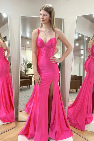Satin Mermaid Spaghetti Straps Long Prom Dresses With Slit