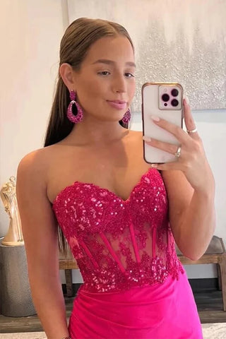 Satin Mermaid Strapless Lace Appliques Prom Dresses With Slit