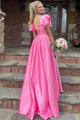 Seidiges Satin A-Linie V-Ausschnitt Langes Ballkleid mit Rüschen