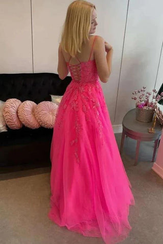 Tulle A-line Scoop Spaghetti Straps Prom Dresses With Appliques