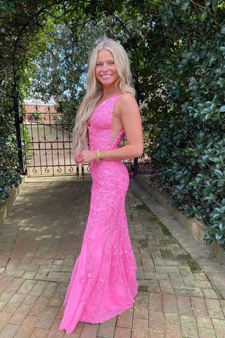 Hot Pink Tulle Mermaid Deep V-neck Prom Dresses With Lace Appliques