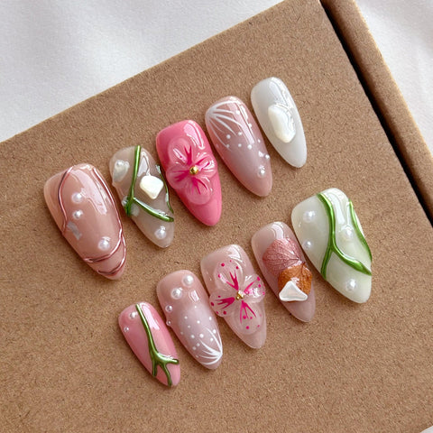 Pink Tengman Almond NailsCarefully designed pure handmade press-on gel nails