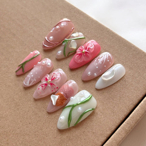 Pink Tengman Almond NailsCarefully designed pure handmade press-on gel nails