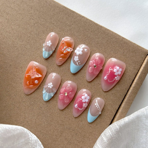 Hot SaleFrench Pink Orange Almond NailHandmade Artificial Gel Nail Press-On Nails