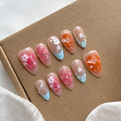 Hot SaleFrench Pink Orange Almond NailHandmade Artificial Gel Nail Press-On Nails