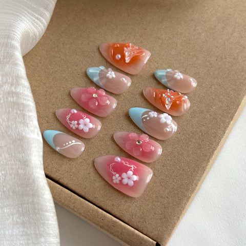 Hot SaleFrench Pink Orange Almond NailHandmade Artificial Gel Nail Press-On Nails