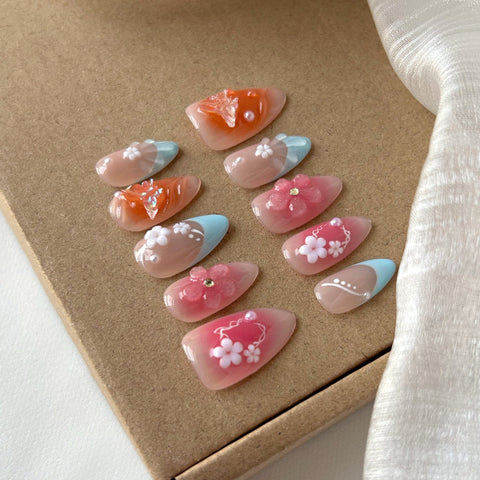 Hot SaleFrench Pink Orange Almond NailHandmade Artificial Gel Nail Press-On Nails