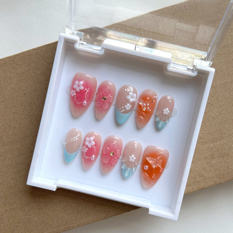 Hot SaleFrench Pink Orange Almond NailHandmade Artificial Gel Nail Press-On Nails