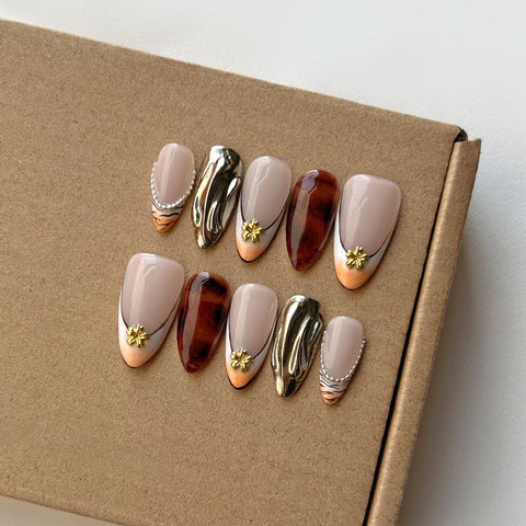 Hot SaleGold&Silver FlowerHandmade Artificial Gel Nail Press-On Nails