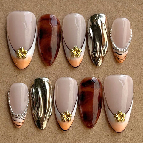 Hot SaleGold&Silver FlowerHandmade Artificial Gel Nail Press-On Nails
