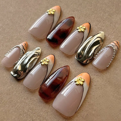 Hot SaleGold&Silver FlowerHandmade Artificial Gel Nail Press-On Nails