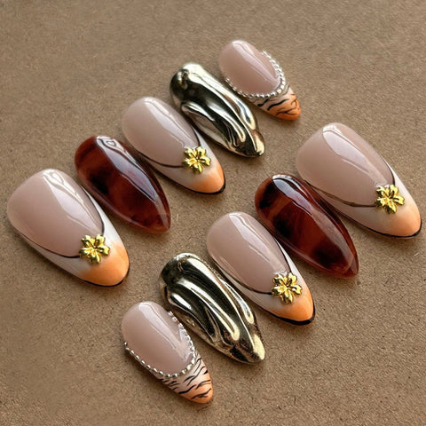 Hot SaleGold&Silver FlowerHandmade Artificial Gel Nail Press-On Nails