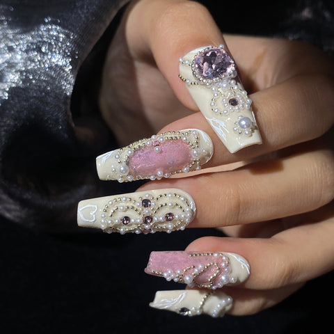 Luxury White Powder Square NailsCarefully designed pure handmade press-on gel nails