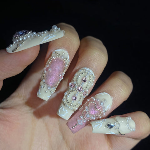 Luxury White Powder Square NailsCarefully designed pure handmade press-on gel nails