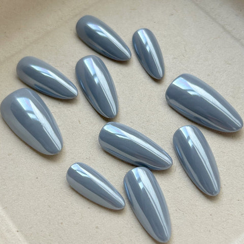 Blue Magic Mirror Pink Almond NailCarefully designed pure handmade press-on gel nails