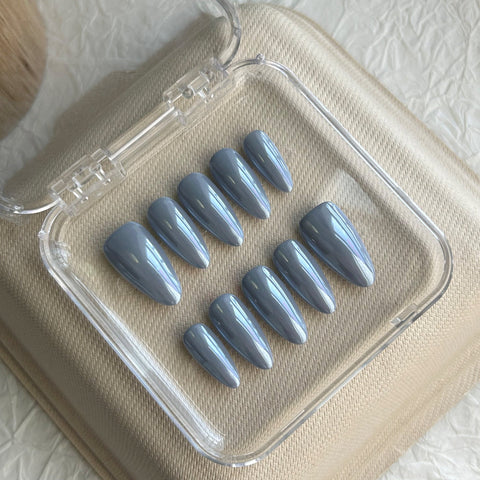 Blue Magic Mirror Pink Almond NailCarefully designed pure handmade press-on gel nails