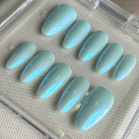Light Blue Magic Mirror Pink Almond NailCarefully designed pure handmade press-on gel nails