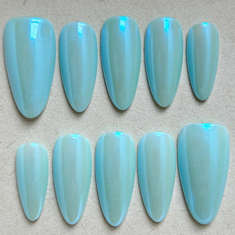 Light Blue Magic Mirror Pink Almond NailCarefully designed pure handmade press-on gel nails