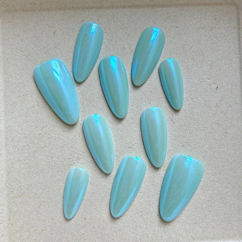 Light Blue Magic Mirror Pink Almond NailCarefully designed pure handmade press-on gel nails