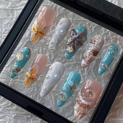 Blue Starfish Summer Beach nailsCarefully designed pure handmade press-on gel nails