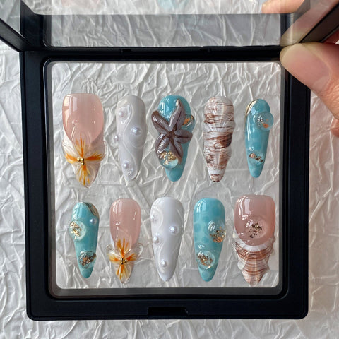 Blue Starfish Summer Beach nailsCarefully designed pure handmade press-on gel nails