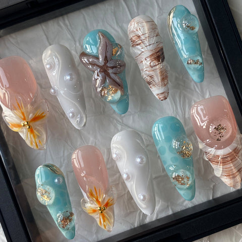 Blue Starfish Summer Beach nailsCarefully designed pure handmade press-on gel nails